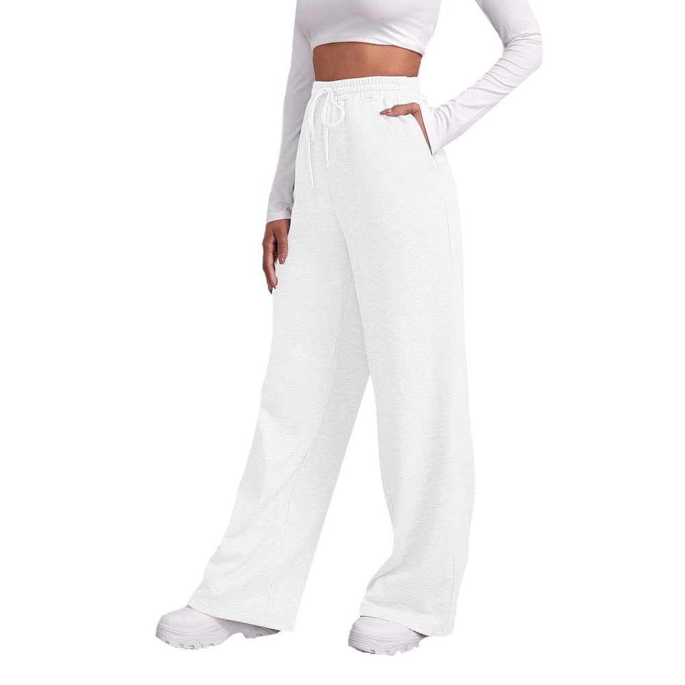 White Sweatpants Joggers Wide Leg Sweatpants Womens Joggers with Pockets Fleece High Waist Relaxed Fit Lounge Pants Baggy Drawstring Athletic Sweat Pants Sweatpants for Teen Girls Ladies Sweatpants