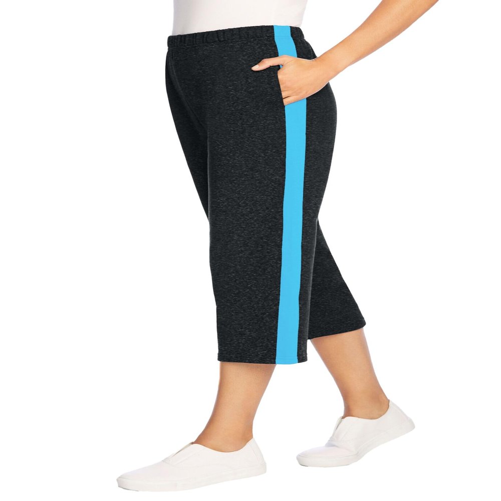 Woman Within Plus Size Side-Stripe Cotton French Terry Capri - 38/40, Heather Charcoal Paradise Blue