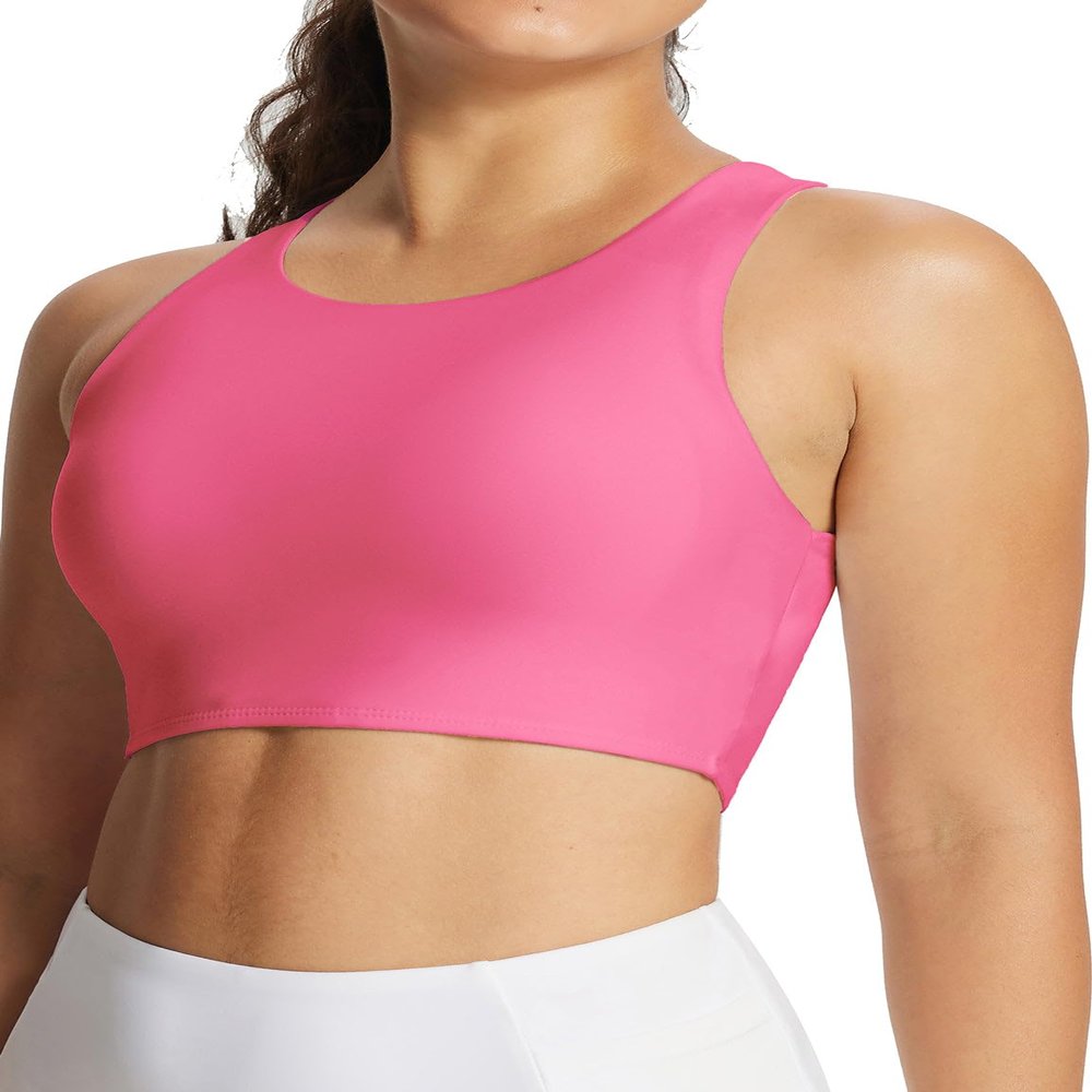 baleaf Women's Swim Bra Tops Modest High Neck Push Up Crop Tank Bikini Top Athletic Sports Swimsuits Bathing Suit Under Rash Guard Pink 38
