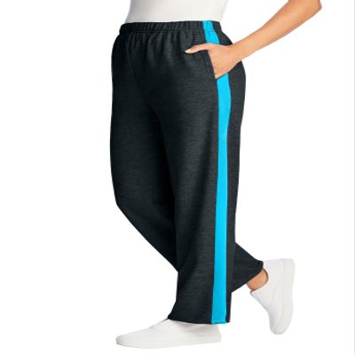 Woman Within Plus Size Cotton French Terry Straight-Leg Pull-On Side-Stripe Pants - 12, Heather Charcoal Paradise Blue