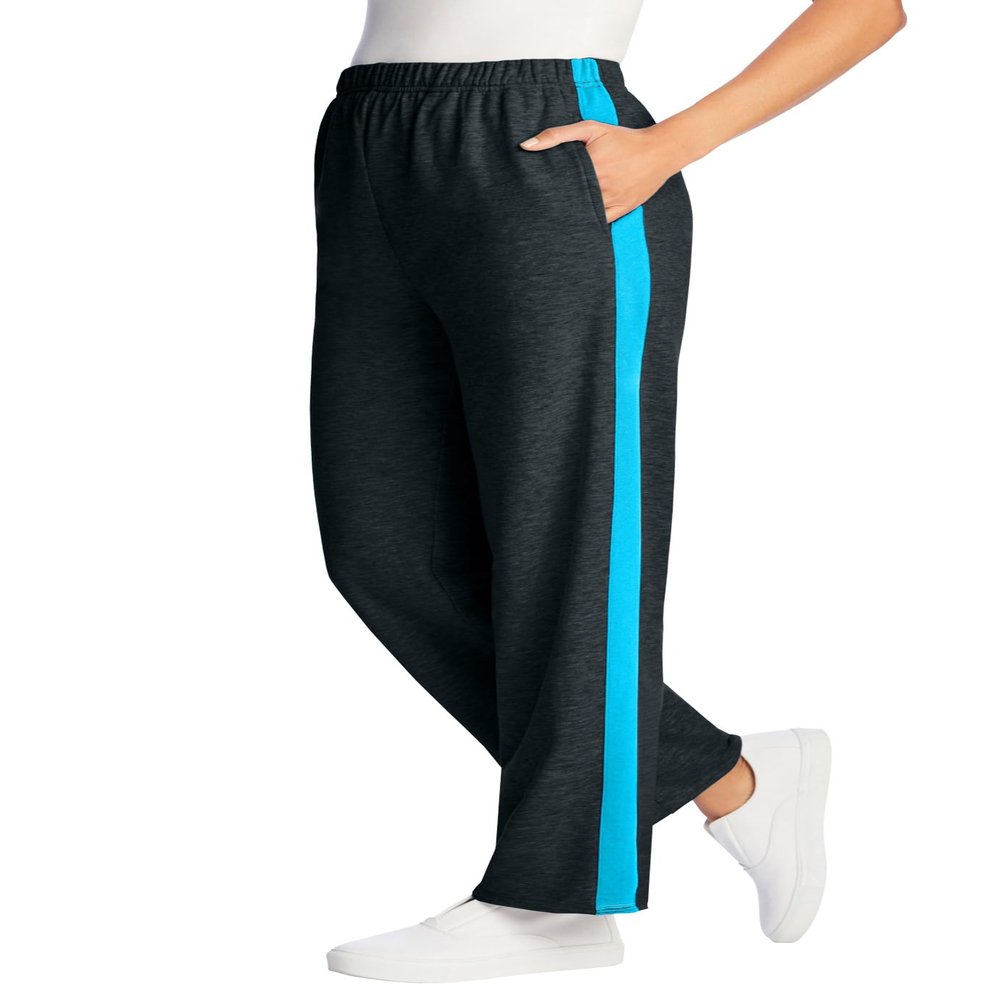 Woman Within Plus Size Cotton French Terry Straight-Leg Pull-On Side-Stripe Pants - 12, Heather Charcoal Paradise Blue