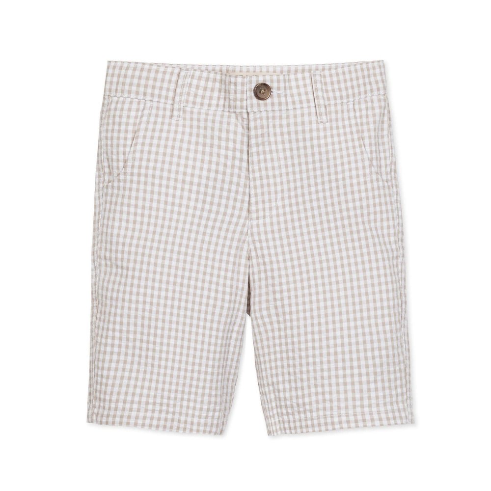 Hope & Henry Boys' Organic Seersucker Short, 2T, Taupe Gingham Seersucker