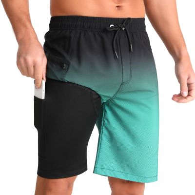 zeetoo Mens Swim Trunks with Compression Liner 9" Inseam Quick Dry Swim Shorts with Zipper Pockets Bathing Suit Gradient-Green L