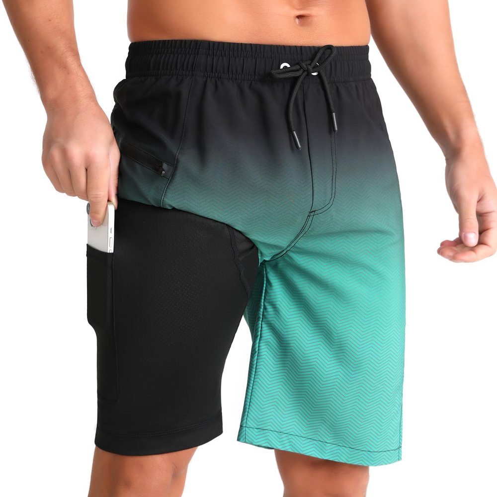 zeetoo Mens Swim Trunks with Compression Liner 9" Inseam Quick Dry Swim Shorts with Zipper Pockets Bathing Suit Gradient-Green L