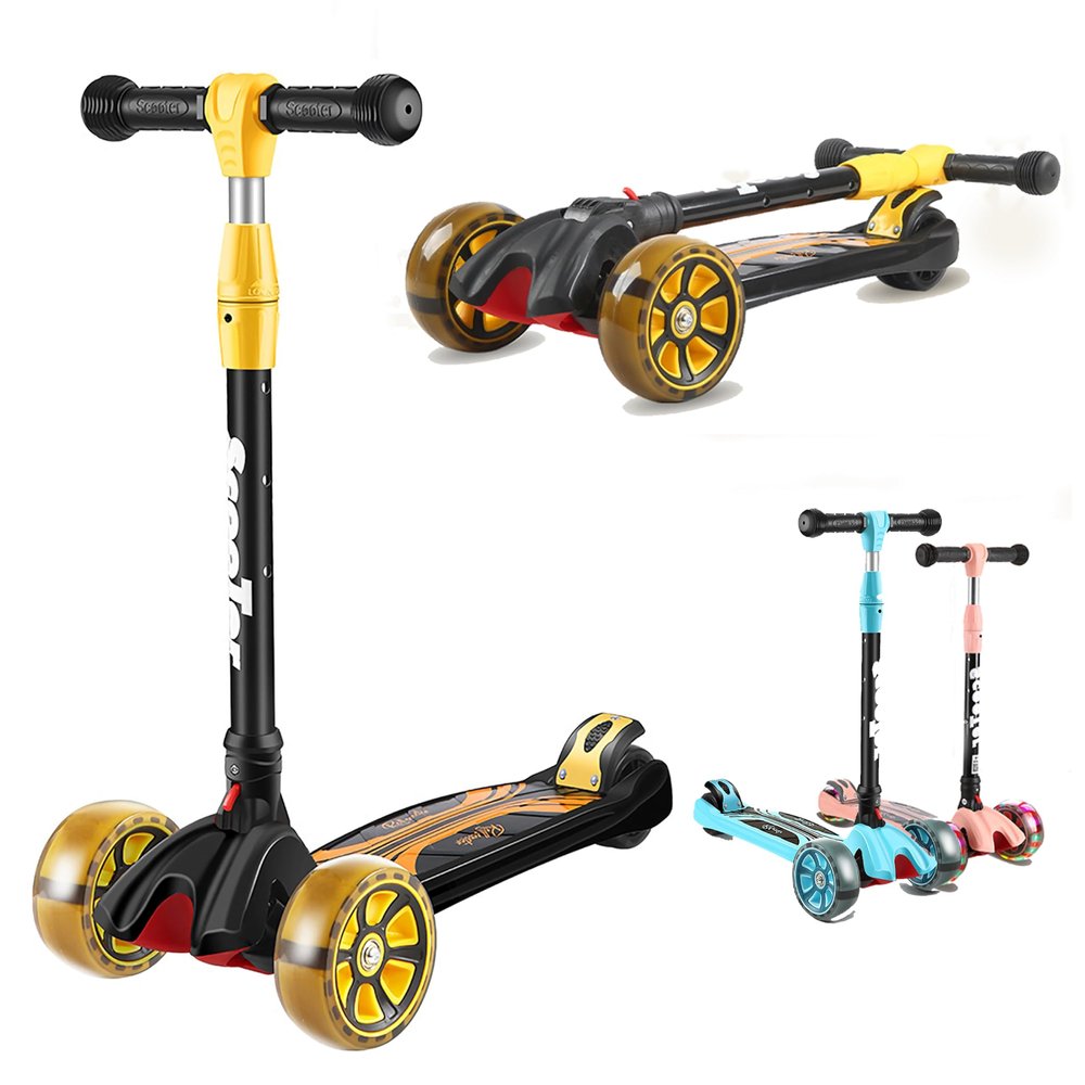 3 Wheel Portable Kids Push Scooter - Lightweight Folding Design Luminous Scooter, with Extra Wide PU Light-Up Wheels Toddler Scooter 4 Adjustable Heightwith Indoor and Outdoor for Children from 3-12,