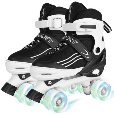HXWY Boys Roller Skates for Girls Kids Child, Adjustable 4 Sizes Quad Roller Skates for Kids & Youth with Light Up Wheels for Sports, Black & White (Medium-Big Kid 1-4)