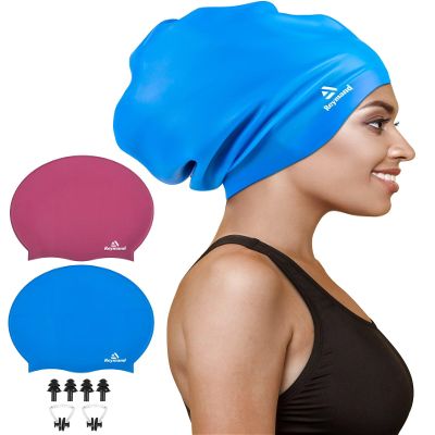 2 Pack Extra Large Swim Cap for Braids and Dreadlocks, Silicone Swimming Caps for Long Hair, Weaves, Extensions, Curls & Afros, Waterproof Adult Swim Hats Bathing Caps for Women Men(Blue+Burgundy)