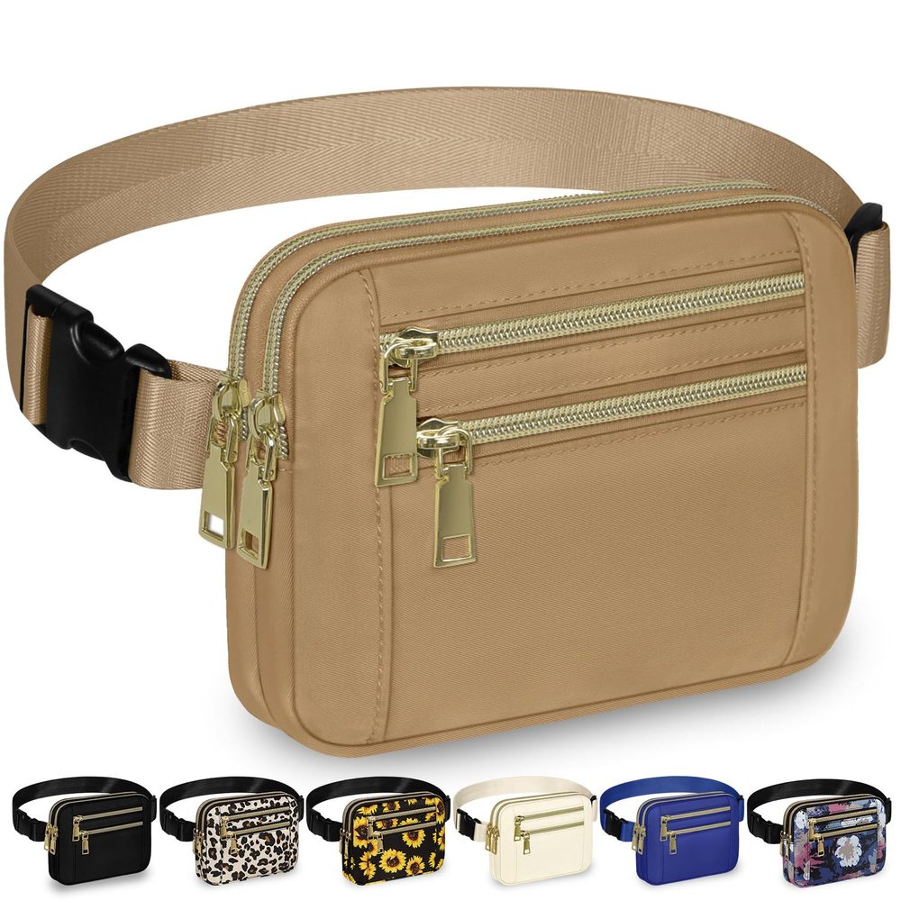 Capolo Fanny Packs for Women Fashion Waist Packs Bag with Adjustable Strap and 4 Zipper Pockets Waterproof Everywhere Crossbody Belt Bag for Workout Running Travelling(Khaki)