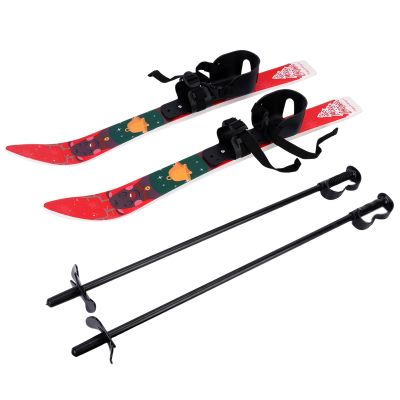 clinmday Kid's Beginner Snow Skis and Poles,Lightweight Sturdy Safe & Adjustable Buckle Low-Resistant Ski Boards with Christmas Themed Pattern for Age 4 and Under Red
