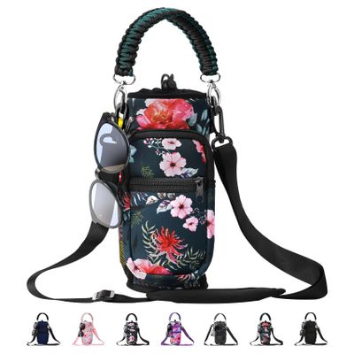 AceTreker 32 oz 40 oz Water Bottle Sleeve, Insulated Sport Water Bottle Holder with Strap & Paracord Handle, Flask Carrier Sling Bag with 4 Pockets for Walking Hiking-Wild Rose