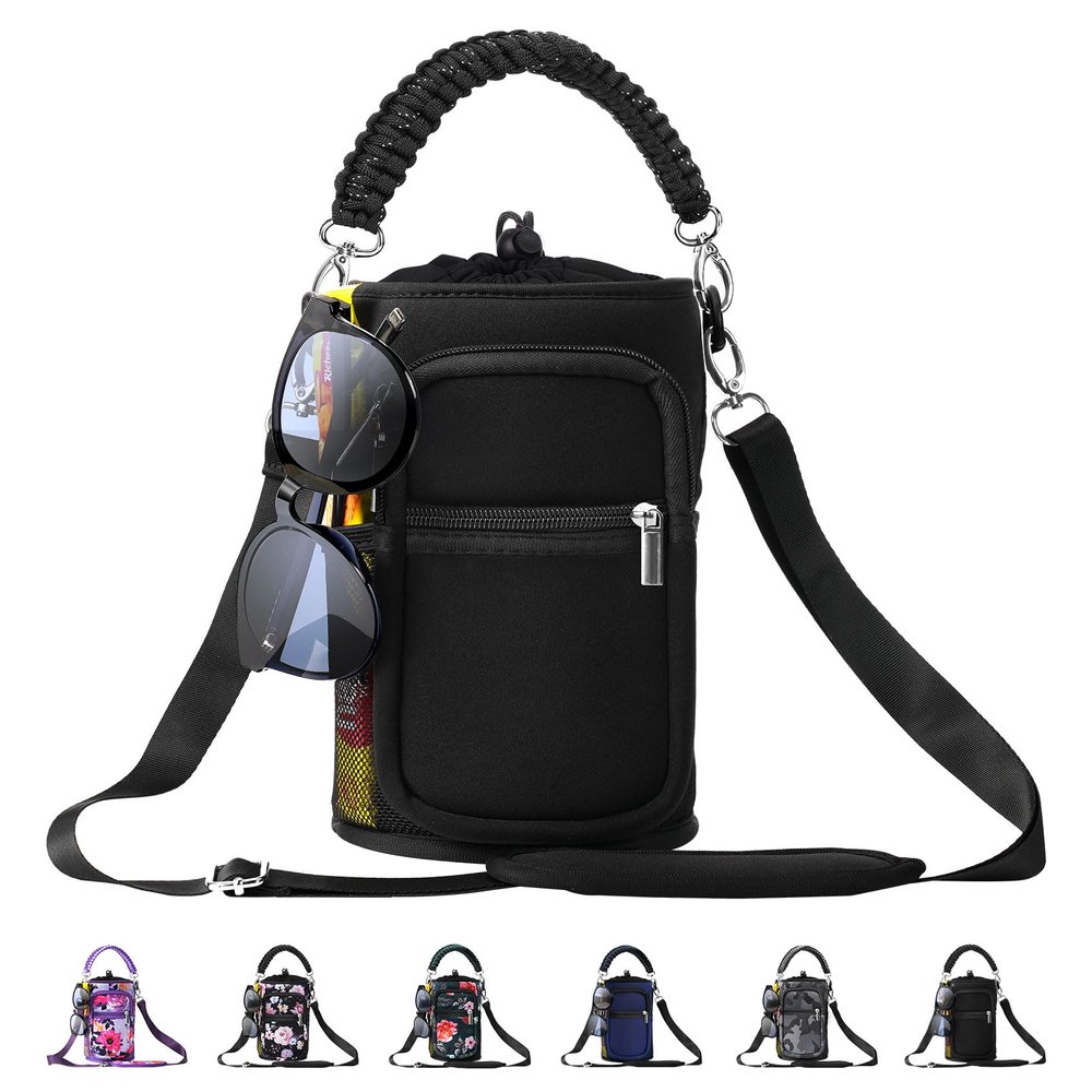 AceTreker 64/128 oz Water Bottle Sleeve, Neoprene Water Bottle Holder with Strap & Paracord Handle, Sport Metal Bottle Carrier Sling Bag with 5 Pockets for Travelling, Walking, Camping-Black