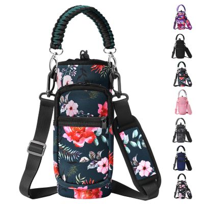AceTreker 32 oz 40 oz Water Bottle Sleeve, Neoprene Insulated Water Bottle Sling Holder Bag with Adjustable Shoulder Strap & Paracord Handle for Men Women Walking Wild Rose
