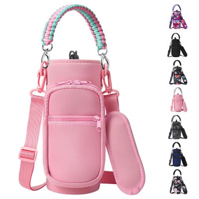 AceTreker 32 oz & 40 oz Insulated Flask Sling Bag with Strap, Sport Bottle Sleeve & Pocket, Paracord Handle - Pink