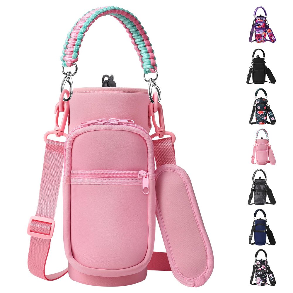 AceTreker 32 oz & 40 oz Insulated Flask Sling Bag with Strap, Sport Bottle Sleeve & Pocket, Paracord Handle - Pink