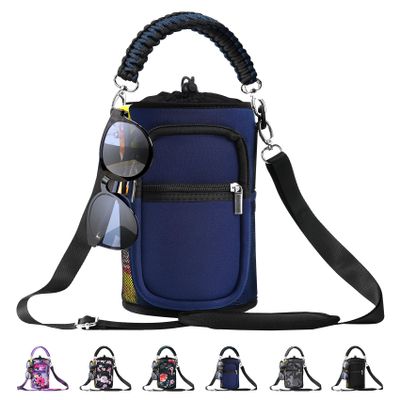 AceTreker 64/128 oz Water Bottle Carrier Bag, Insulated Half Gallon Water Bottle Sleeve with 5 Pocket, Sport Water Flask with Paracord Handle and Shoulder Strap for Walking Hiking Camping Gym-Navy