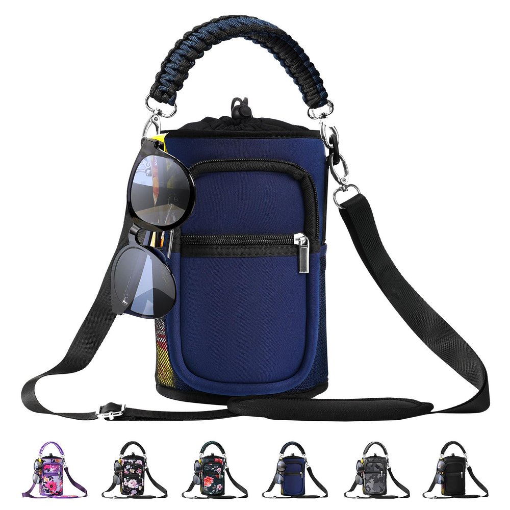 AceTreker 64/128 oz Water Bottle Carrier Bag, Insulated Half Gallon Water Bottle Sleeve with 5 Pocket, Sport Water Flask with Paracord Handle and Shoulder Strap for Walking Hiking Camping Gym-Navy