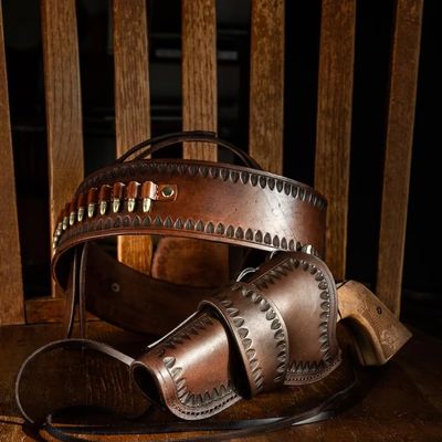 Western Rig Ammo Belt with Holster Pistol Revolver Holder Gun Case Cartridge Belts.44/.45 (Tan Both Side, Size 2 (34" to 36"))