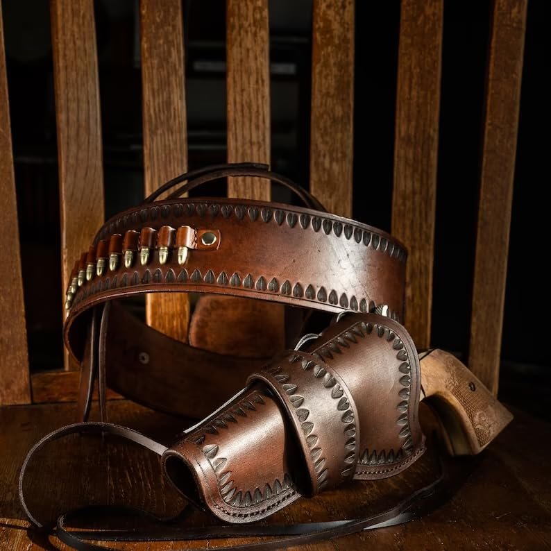 Western Rig Ammo Belt with Holster Pistol Revolver Holder Gun Case Cartridge Belts.44/.45 (Tan Both Side, Size 2 (34" to 36"))
