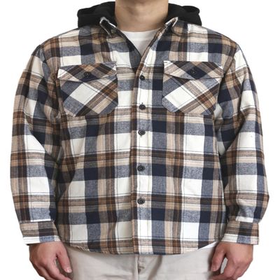 AIRNINE Men's Heavy Weight Quilted Lined Plaid Flannel Shirt Jacket (S to 5XL) (Ecru/Grey/Hood_1126, Small)
