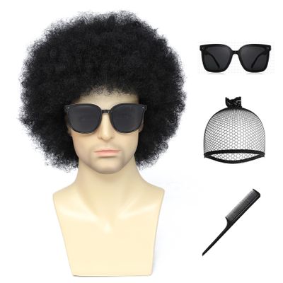 Adequate Black Afro Wig Men with Glasses,Disco Wigs,70s Outfits for Men,70s Mens Wig,Halloween Funny Wigs(Black)
