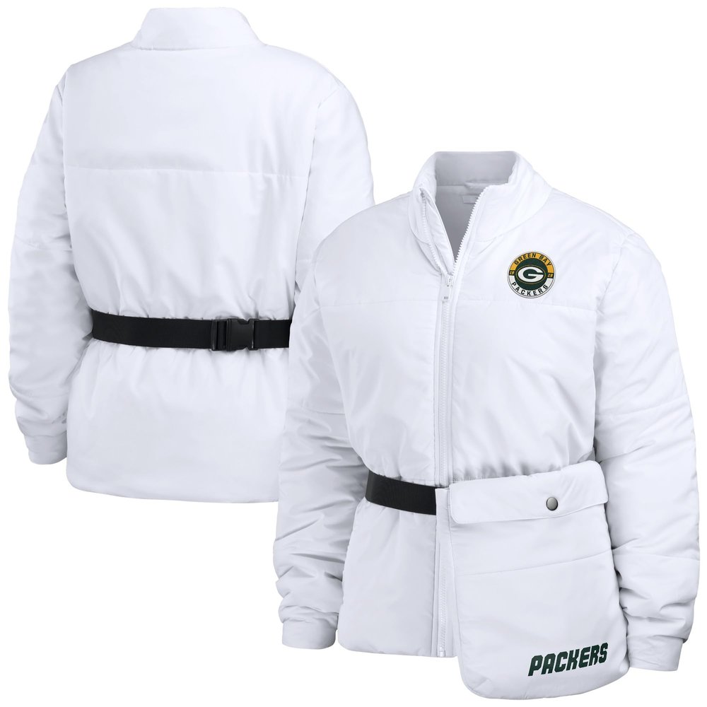 WEAR by Erin Andrews Women's White Green Bay Packers Packaway Full-Zip Puffer Jacket