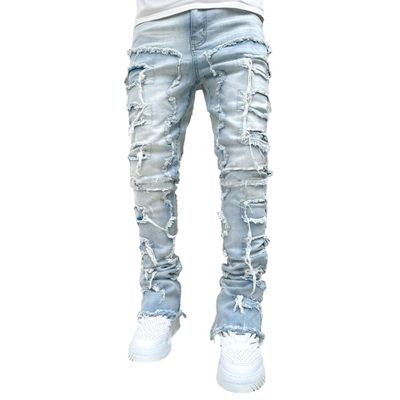 HDMGCR Men Stacked Jeans Skinny Light Blue Ripped Patchwork Denim Pants(Light Blue,L)