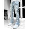 HDMGCR Men Stacked Jeans Skinny Light Blue Ripped Patchwork Denim Pants(Light Blue,L) view 4