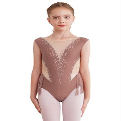 Aislor Kids Girls Shiny Diamond Mesh Splice Tassel Gymnastic Leotard Bodysuit Ballet Latin Dance Skating Jumpsuit Coffee 10 Years