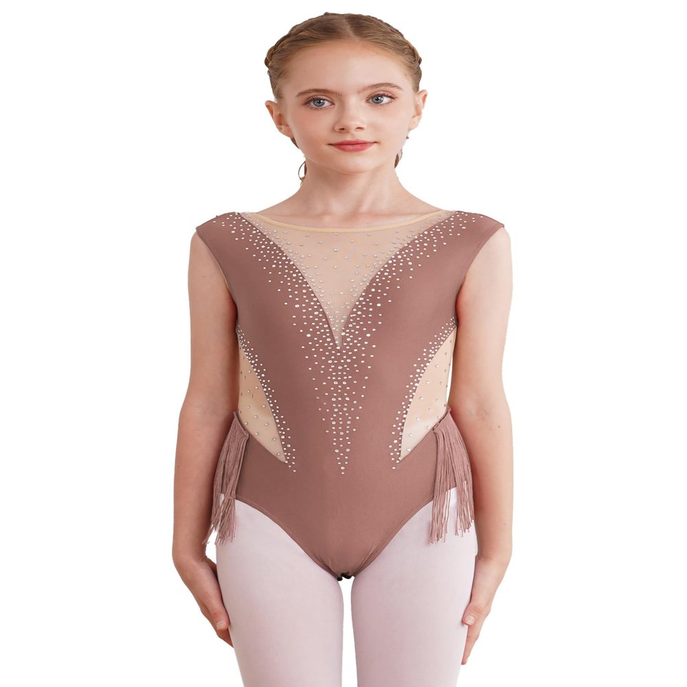 Aislor Kids Girls Shiny Diamond Mesh Splice Tassel Gymnastic Leotard Bodysuit Ballet Latin Dance Skating Jumpsuit Coffee 10 Years
