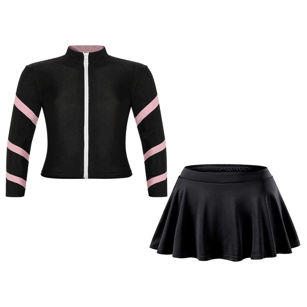 TiaoBug Kids Girls Figure Skating Costumes Spiral Ice Skating Jacket and Pleated Skater Skirt Athletic Tracksuit Set Pink 10-11 Years