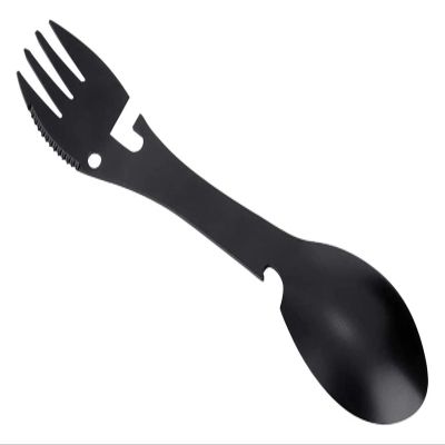 5 in 1 Stainless Steel Camping Utensils, Multifunction Black Spork Tableware with Fork Spoon Botter Can Opener for Outdoor Travle