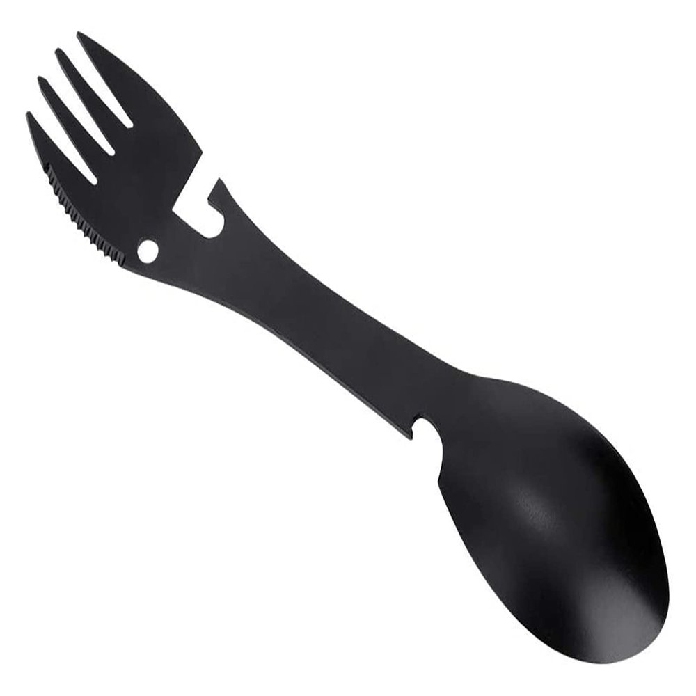 5 in 1 Stainless Steel Camping Utensils, Multifunction Black Spork Tableware with Fork Spoon Botter Can Opener for Outdoor Travle
