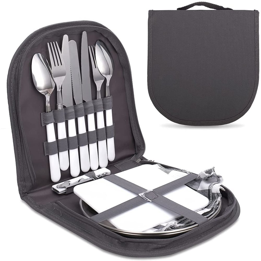 Camping Cutlery Set,Camping Silverware Kit Cutlery Organizer Utensil Picnic Mess Set,Travel Camping Portable Fork Spoons Plate Cutlery Set for Hiking, Picnic and Backpacking, Perfect for 1-2 Person (