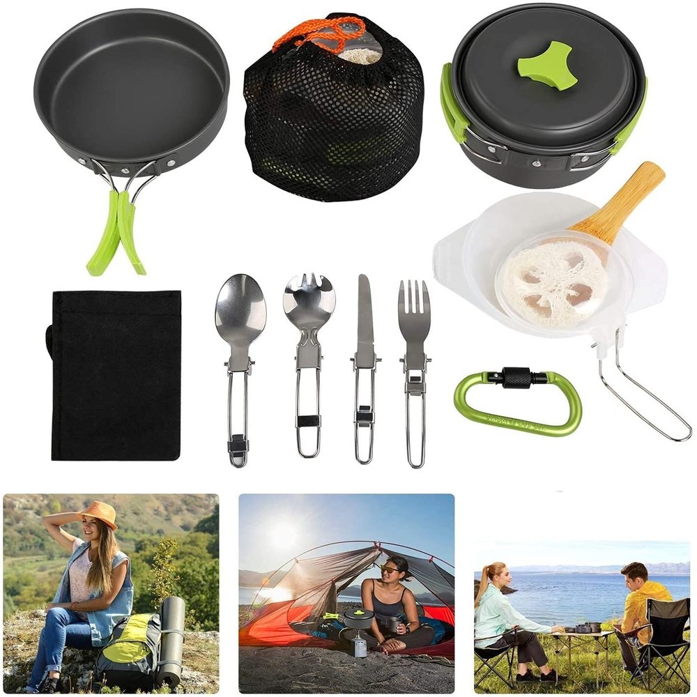 MDybf 1-2 People 15Pcs Camping Cooking Set Non Stick Camping Utensils Pot Pans Set for Outdoor Camping Backpacking Gear Hiking BBQ Picnic, Lightweight & Compact & Durable