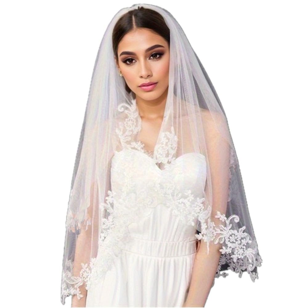 ROSEEDEN One Tier 1 T Lace Veil wedding bridal woman short veil soft tulle veil with metal comb (One Tier Length 35", Width 57", Ivory with Lace)