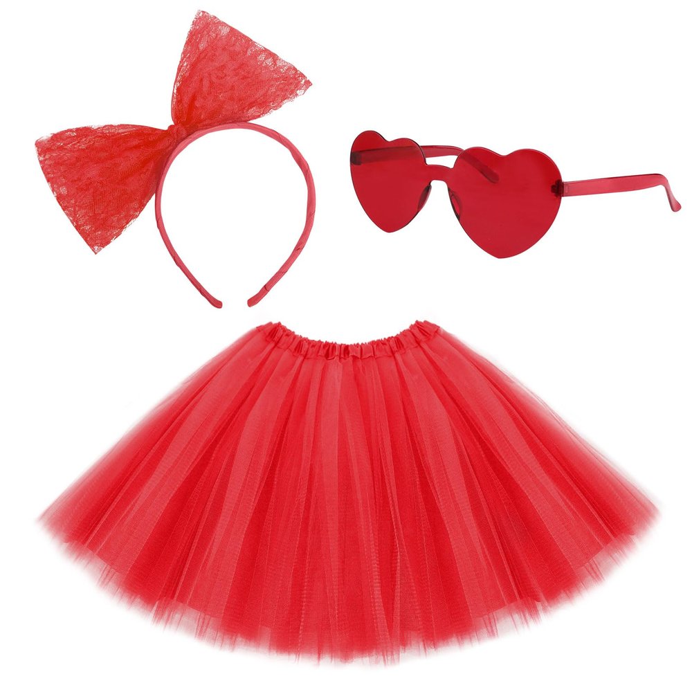 Lainlight Adult Tutus for Women, 4 Layered Tulle Tutu Skirt Set with Heart Sunglasses and Bow Headband Colorful Party Favors for Valentine's Day Red