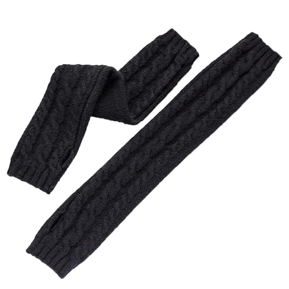 Flush of Dawn Women Warm Knitted Arm Warmers Gloves Wool Fleece Elbow Long Fingerless Gloves Thickened Thumb Hole Gloves (Black)