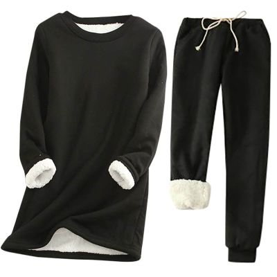 hlysgo 2 Piece Lounge Set Women Casual Loose Fit Long Sleeve Sherpa Fleece Lined Pullover Tops and Pants Winter Warm Set