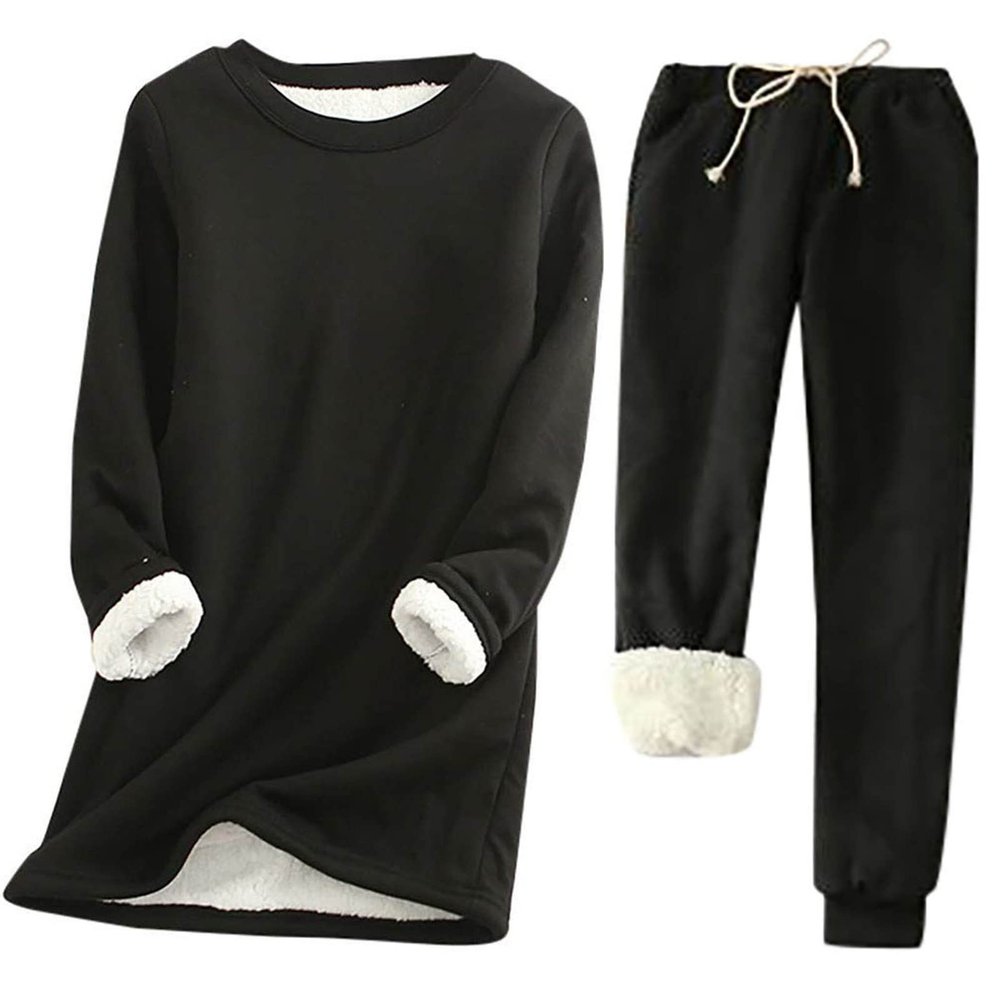 hlysgo 2 Piece Lounge Set Women Casual Loose Fit Long Sleeve Sherpa Fleece Lined Pullover Tops and Pants Winter Warm Set