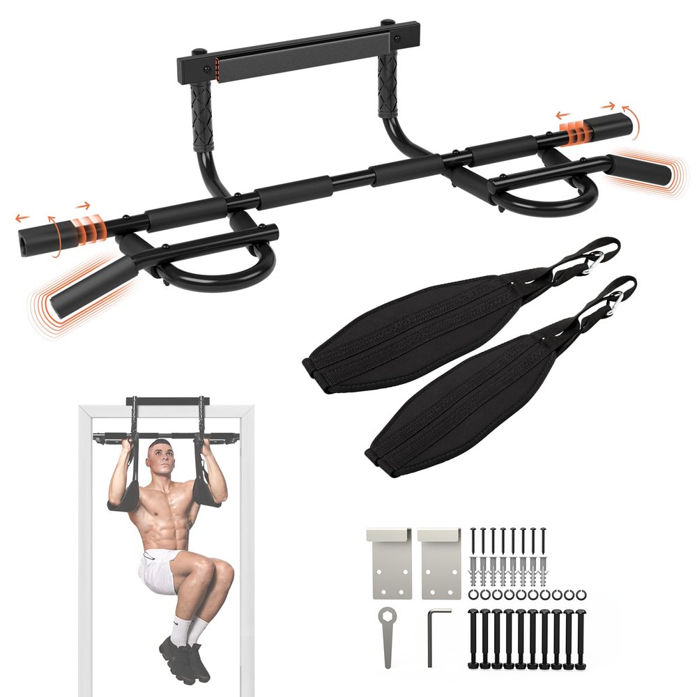 Yes4All Pull Up Bar for Doorway & Ab Straps, Solid 1 Piece Main Bar Construction, Multi Grips Pullup Bar for Home Gym Workout, Pull Up Bar Door Frame