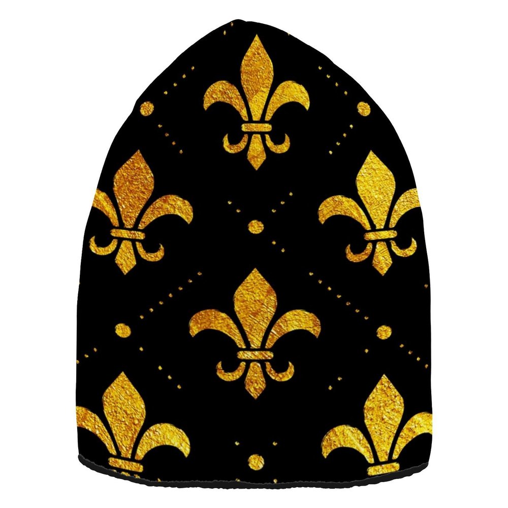 Knit Winter Beanie Hat Fleur-de-lis-Retro-Gold Warm Reversible Beanie Cap