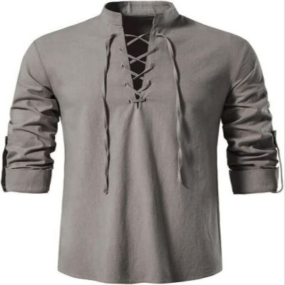 AIFARLD Men's Long Sleeve Shirts Retro Style Lace up for Medieval,Viking,Hippie Matching Cosplay Pirate Renaissance Costume Light Coffee
