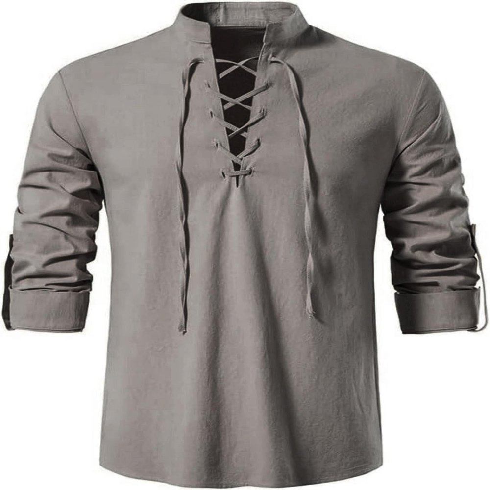AIFARLD Men's Long Sleeve Shirts Retro Style Lace up for Medieval,Viking,Hippie Matching Cosplay Pirate Renaissance Costume Light Coffee