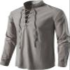 AIFARLD Men's Long Sleeve Shirts Retro Style Lace up for Medieval,Viking,Hippie Matching Cosplay Pirate Renaissance Costume Light Coffee view 3