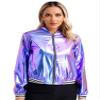 Miutii Women's Bomber Jacket Shiny Metallic Zip Up Striped Coat Outerwear Windbreaker Plus Size Blue X-Large view 2