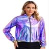 Miutii Women's Bomber Jacket Shiny Metallic Zip Up Striped Coat Outerwear Windbreaker Plus Size Blue X-Large view 3