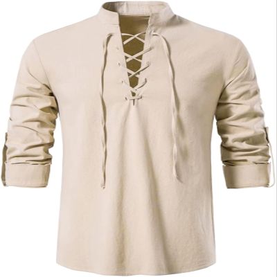 AIFARLD Men's Long Sleeve Shirts Retro Style Lace up for Medieval,Viking,Hippie Matching Cosplay Pirate Renaissance Costume Beige