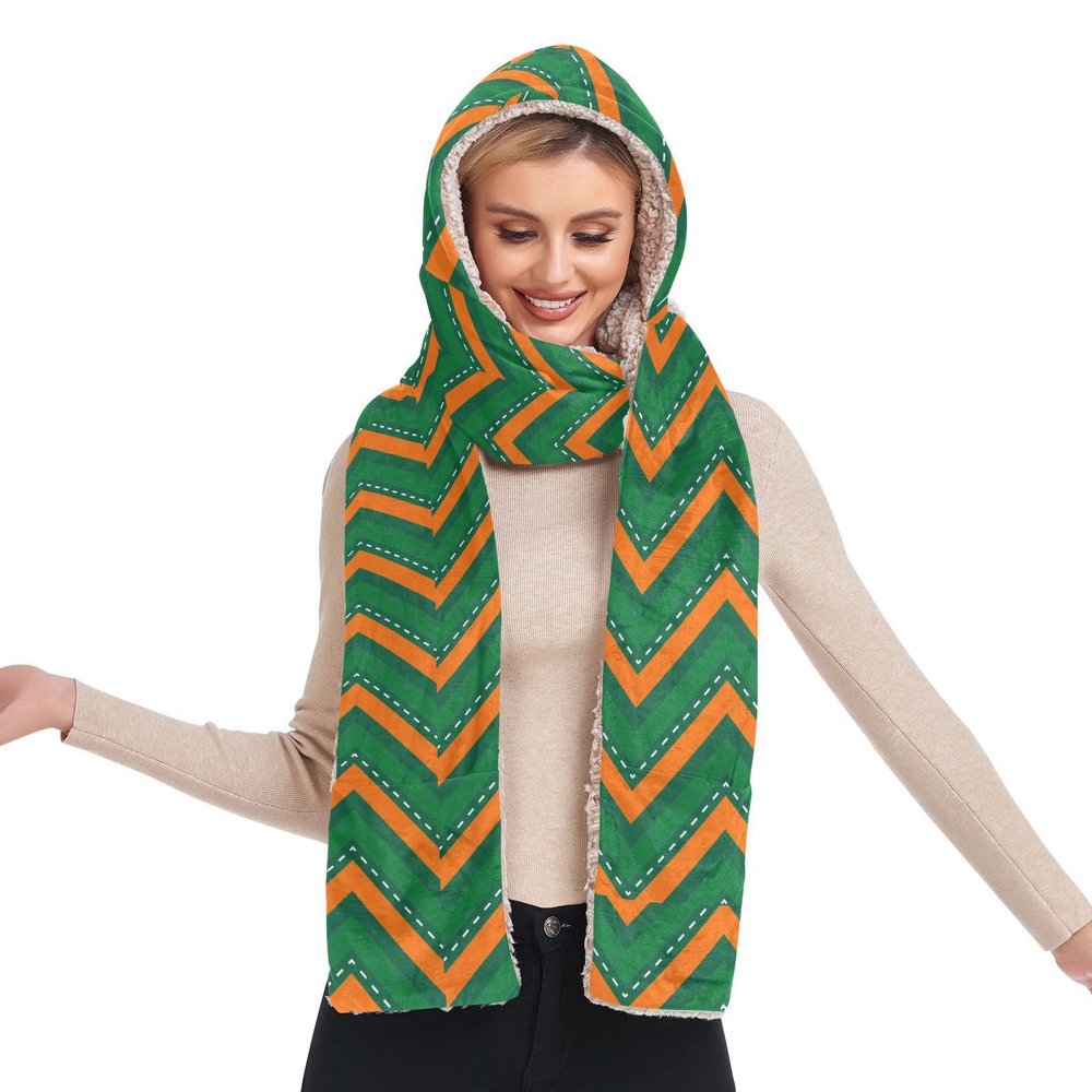 Hooded Scarf with Pockets Orange-Green-line-Plaid Warm Long Hooded Scarf with Mittens