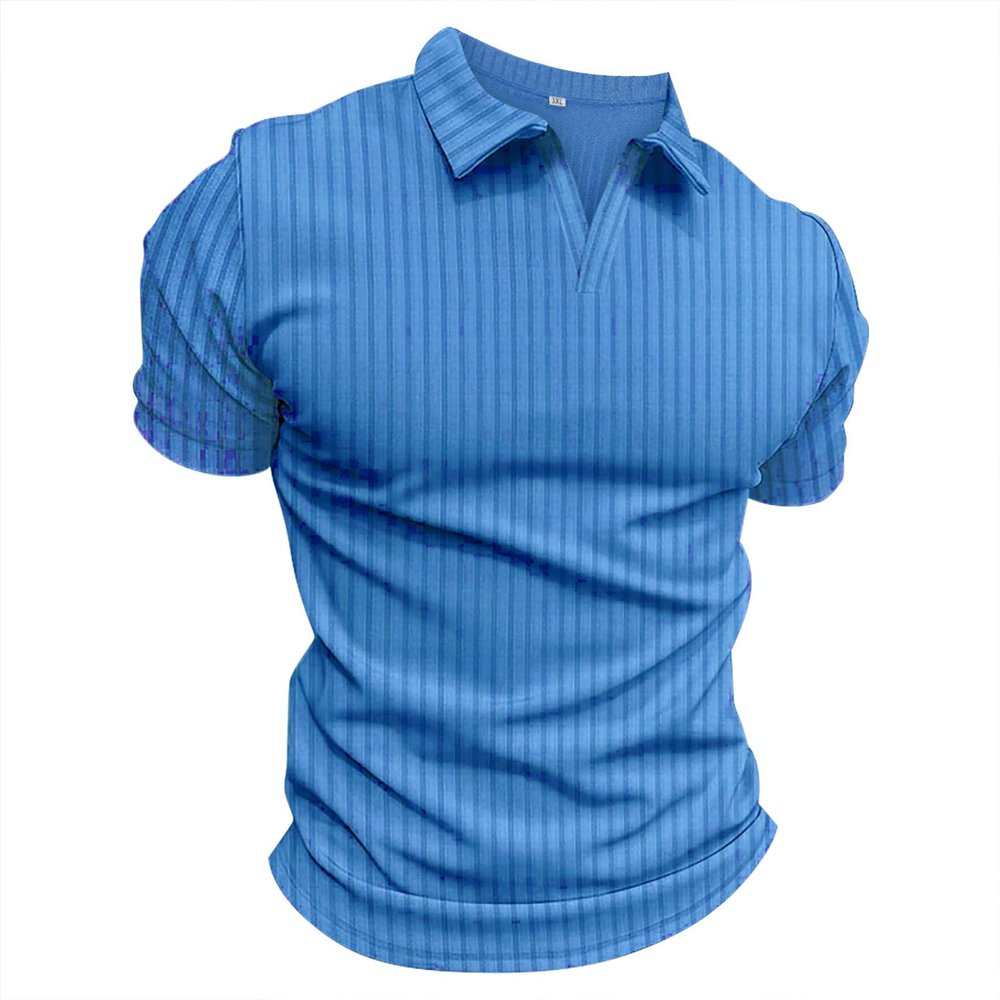 Men's Short Sleeve Polo Shirts V Neck Slim-fit Cotton Golf Sport Shirts Basic Designed Solid Knit Summer Moisture-Wicking Performance Exercise Muscle Casual Pullover Top Blue