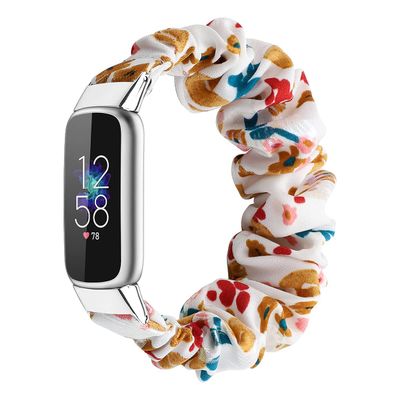Scrunchies Compatible with Fitbit Luxe Bands, Women Fancy Elastic Bracelet Stretch Soft Fabric Replacement Wristbands Straps for Fitbit Luxe Fitness Tracker, Small/Large (GoldFloral, Small)